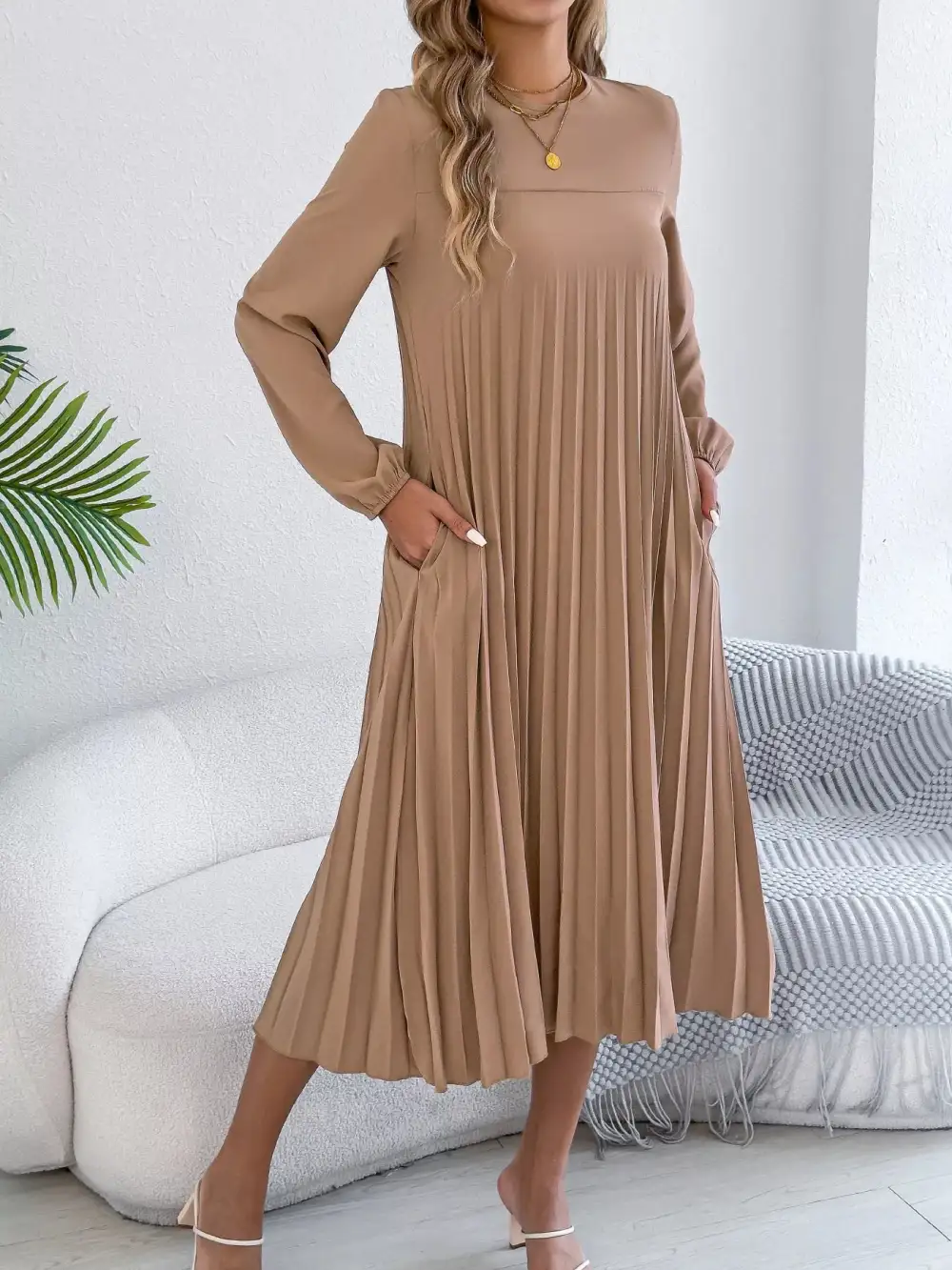 Pleated Pleated A-Line Midi Dress