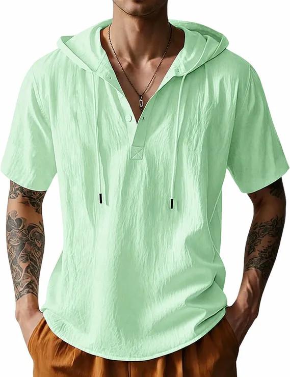 Men's Cotton Linen Short Sleeve Hooded Shirt