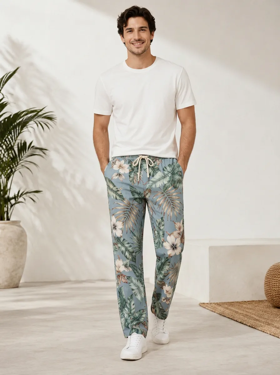 Men's Botanical Inspired Hibiscus Leaf Printed Pants
