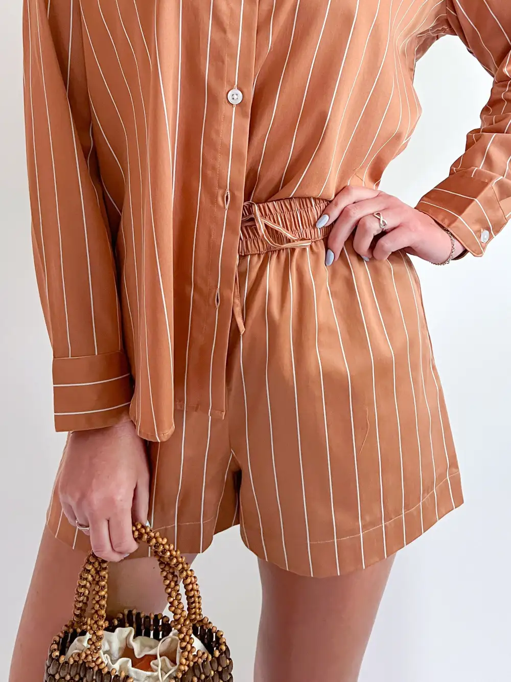 Printed Striped Poplin Shorts Button Detail