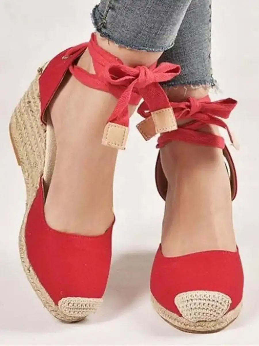Buckle Panel Detail Square-Toe Lace-Up Ankle Wrap Espadrille Wedge Heeled Sandals