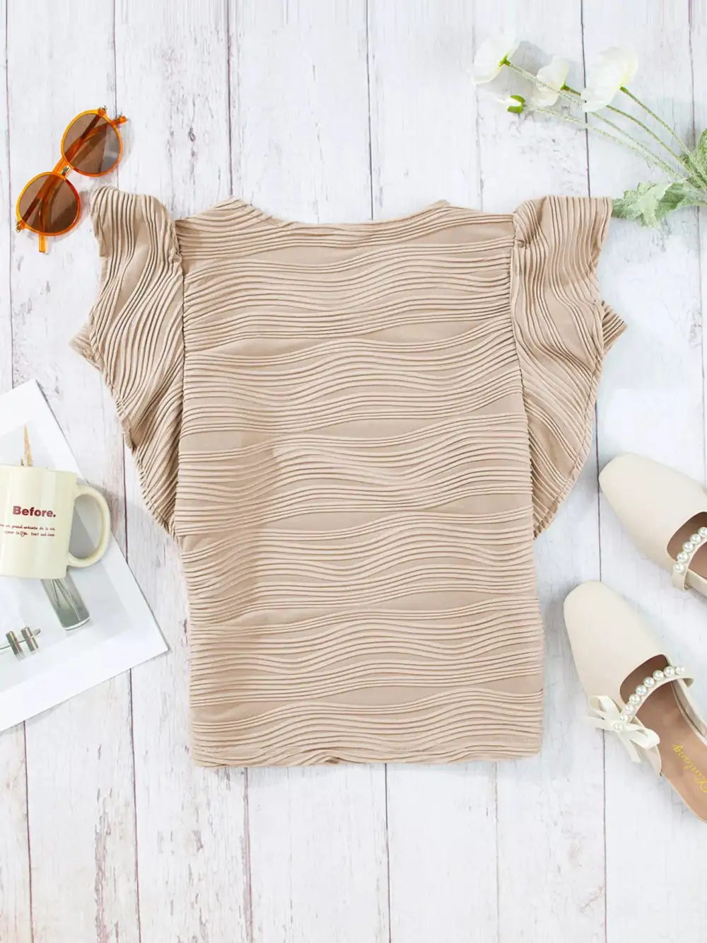 Casual Wavy Textured Ruffle Sleeve Top