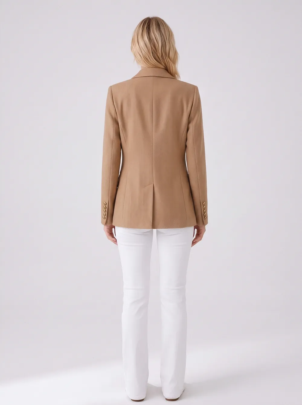 Women's Camel Herringbone Double-Breasted Gold Button Blazer Jacket