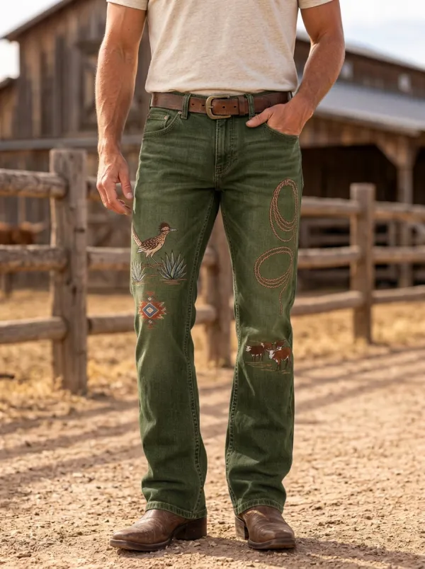Men's Western Cowboy Roadrunner Lasso Cattle Printed Jeans