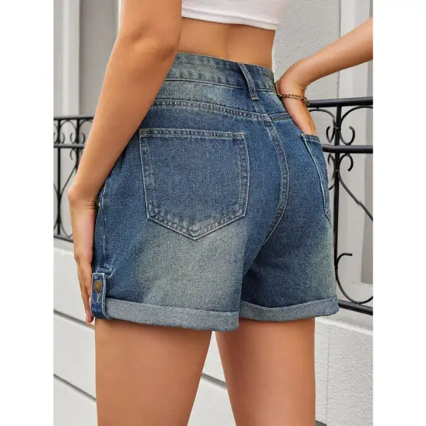 Buttoned Rolled Hem High Waist Pocketed Shorts