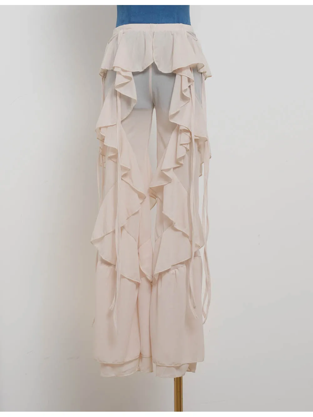 Boho Sheer Ruffle Elastic Waist Flared Leg Pants