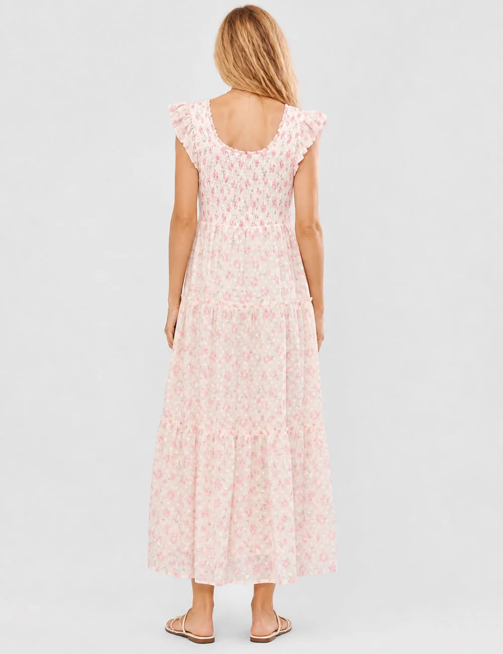 Ruffle Sleeves Tiered Hem Smocked Maxi Dress