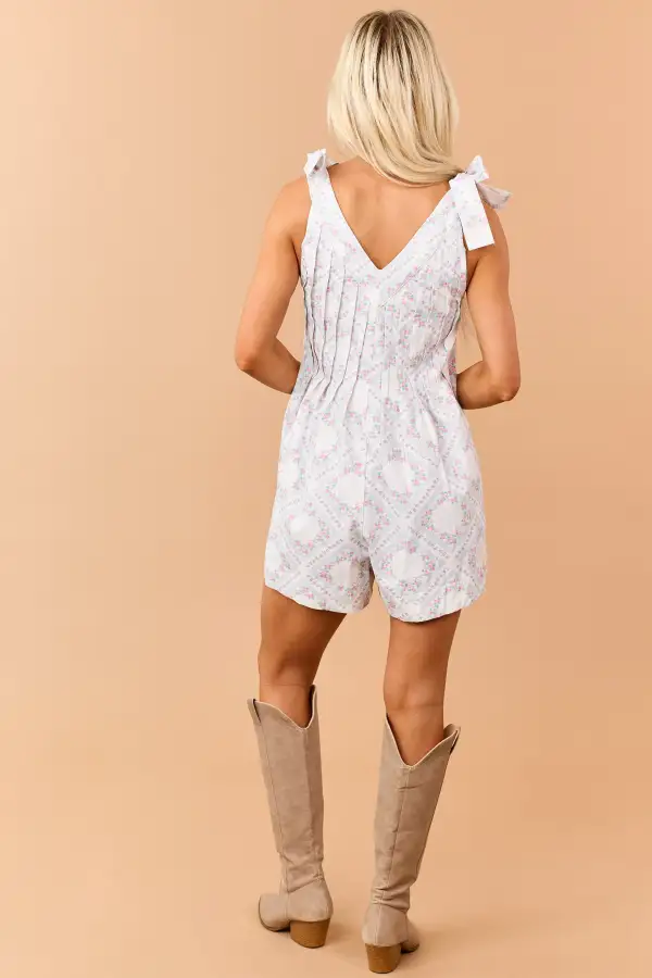 Floral Print Twill Denim Pintuck Romper