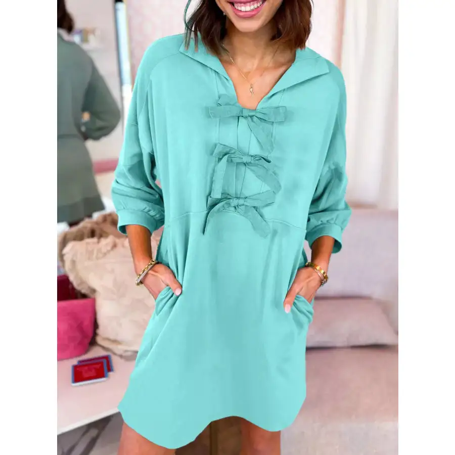 Bow Front Collared Side Pocket Shift Mini Dress