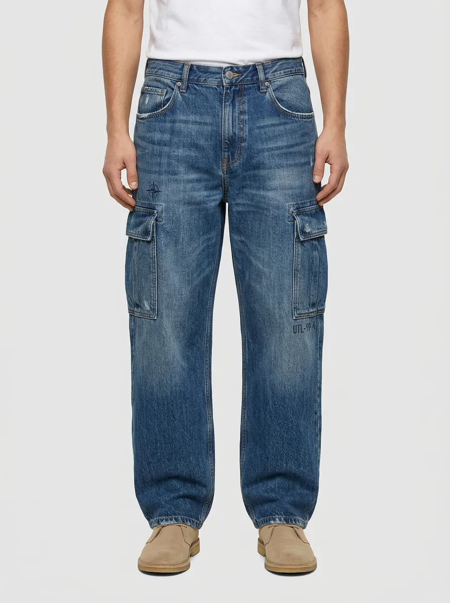 Men's Mid-Blue Embroidered Detail Relaxed Denim Cargo Pants
