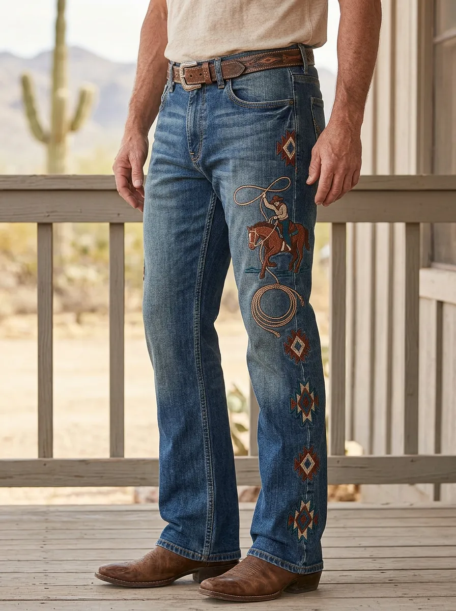 Men's Classic Western Cowboy Lasso Geometric Jeans