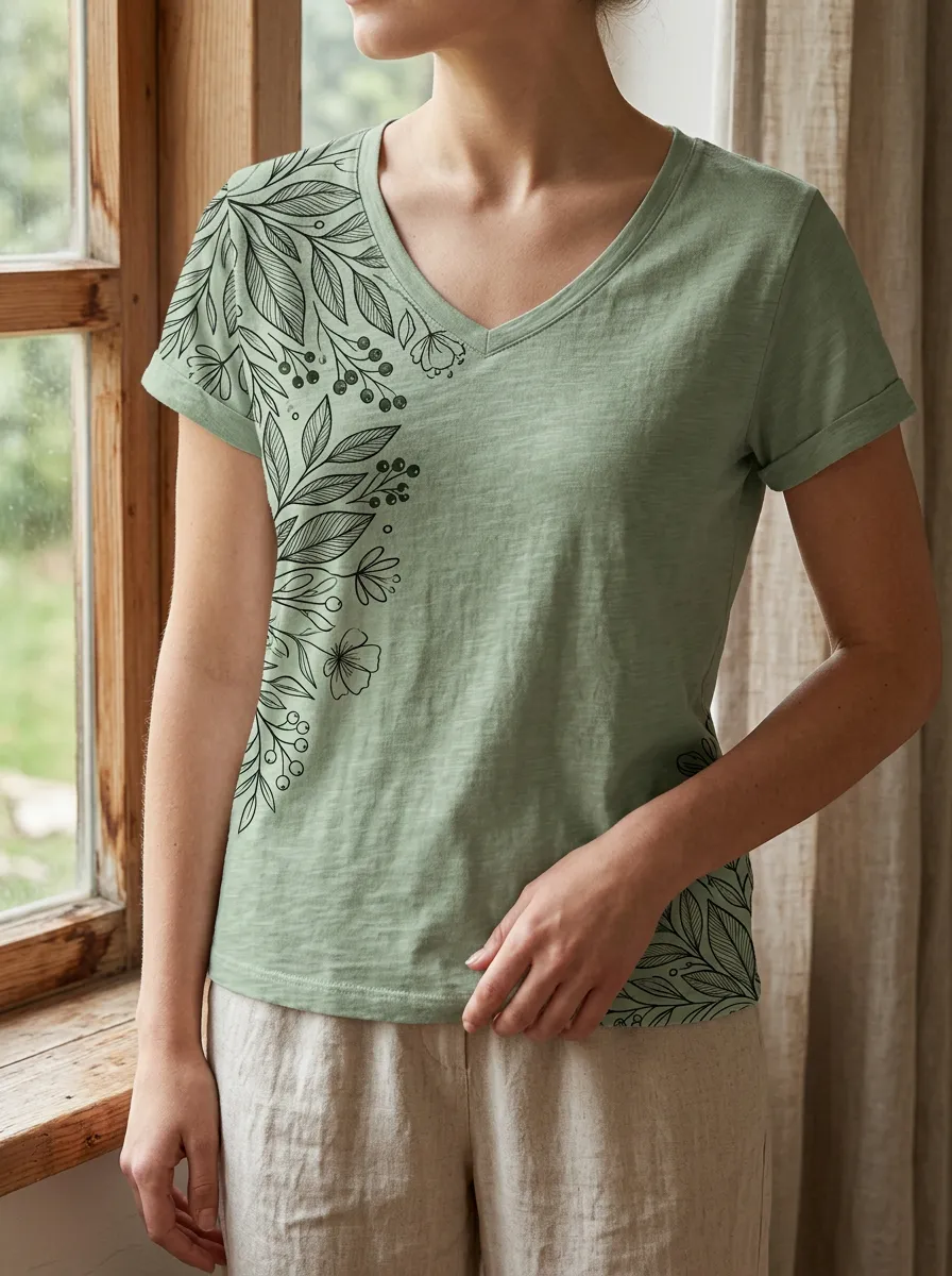 Women's Botanical Nature Lover Floral Leaf Printed V-Neck T-Shirt
