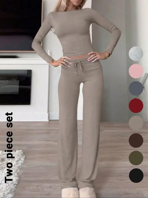 Women's Solid Color Long Sleeve Crop Tee & High-Waisted Drawstring Pants Set, Casual Everyday Slim Fit Outfit for Fall & Winter Seasons