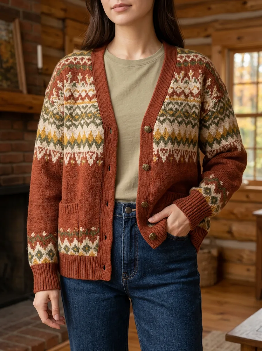 Women's Autumn Vintage Fair Isle Pattern Printed Cardigan