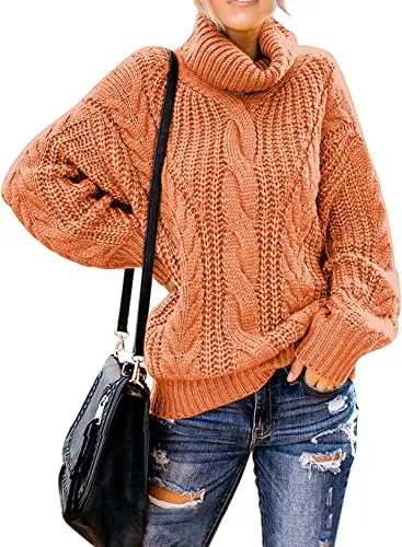 Women's 2025 Turtleneck Balloon Long Sleeve Casual Loose Chunky Cable Knit Pullover Sweater Outerwear