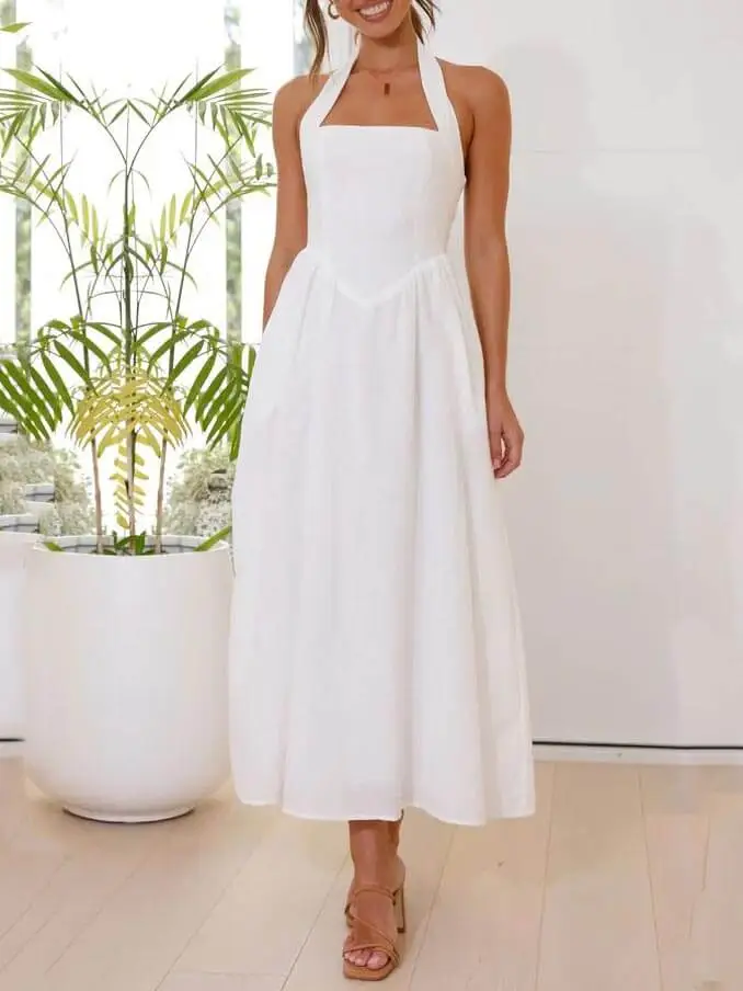 Halter Neck Waist Little Mid Length Midi Dress