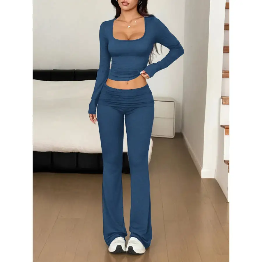 Long Sleeve Crop Top and Bootcut Pants Set