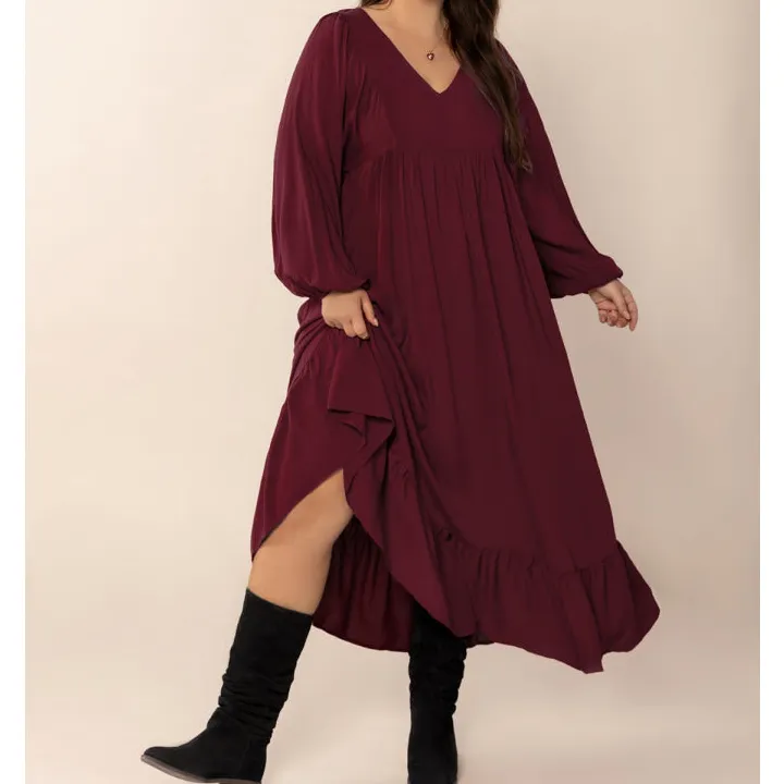 Plus Size Ruffled Hem V Neck Balloon Sleeve Dress