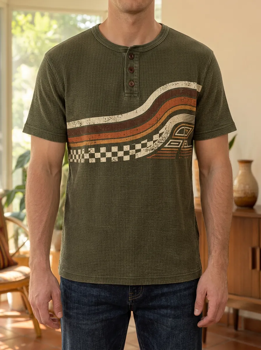 Men's Modern Retro Racing Stripe Checkerboard Henley T-Shirt