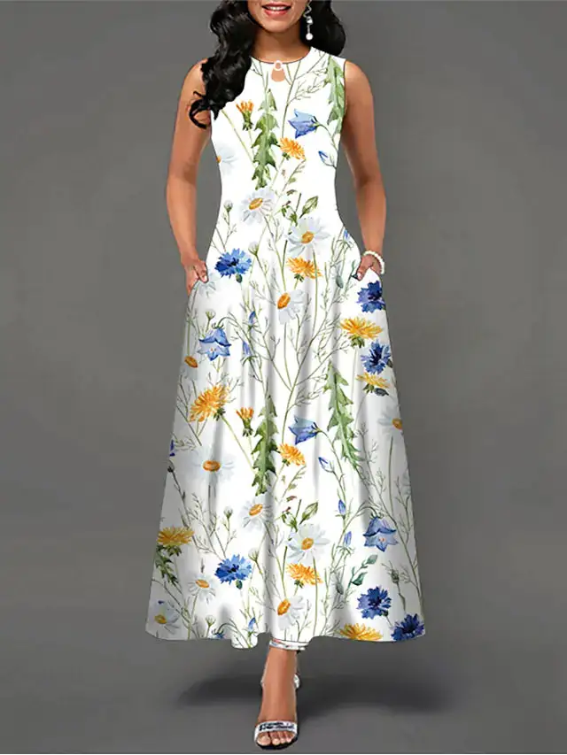 Multi-Colored Floral Print White Sleeveless Maxi Dress