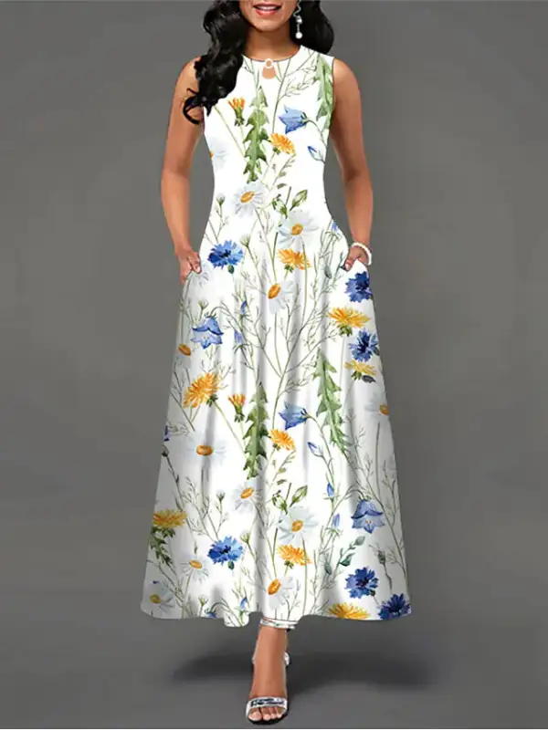 Multi-Colored Floral Print White Sleeveless Maxi Dress