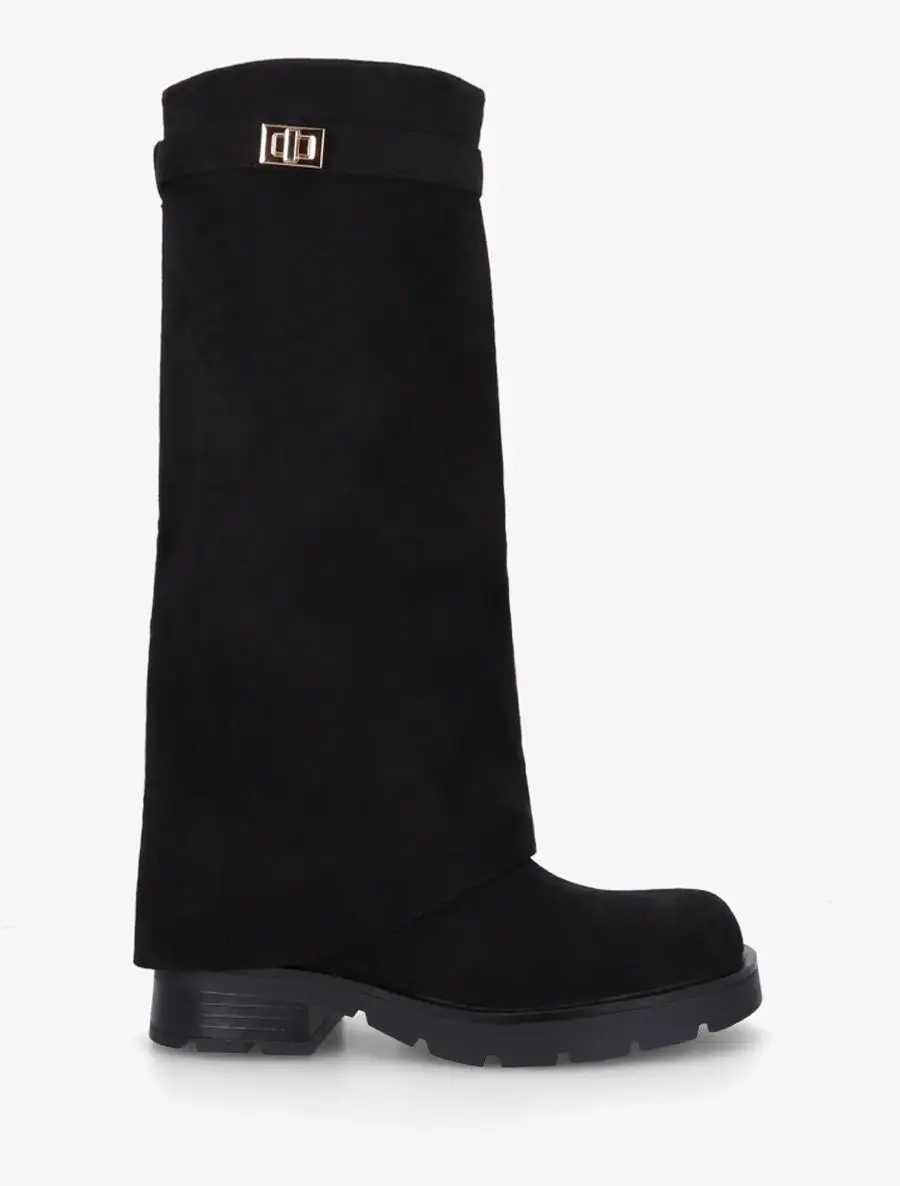 Modern Buckle Detail Block Heel Faux Suede Knee High Boots