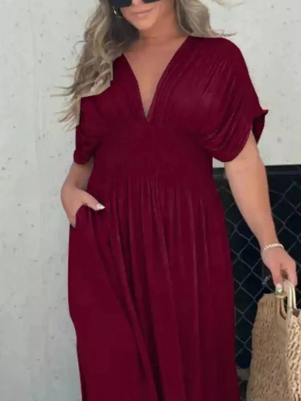 V Neck Smocked Slit Maxi Dress