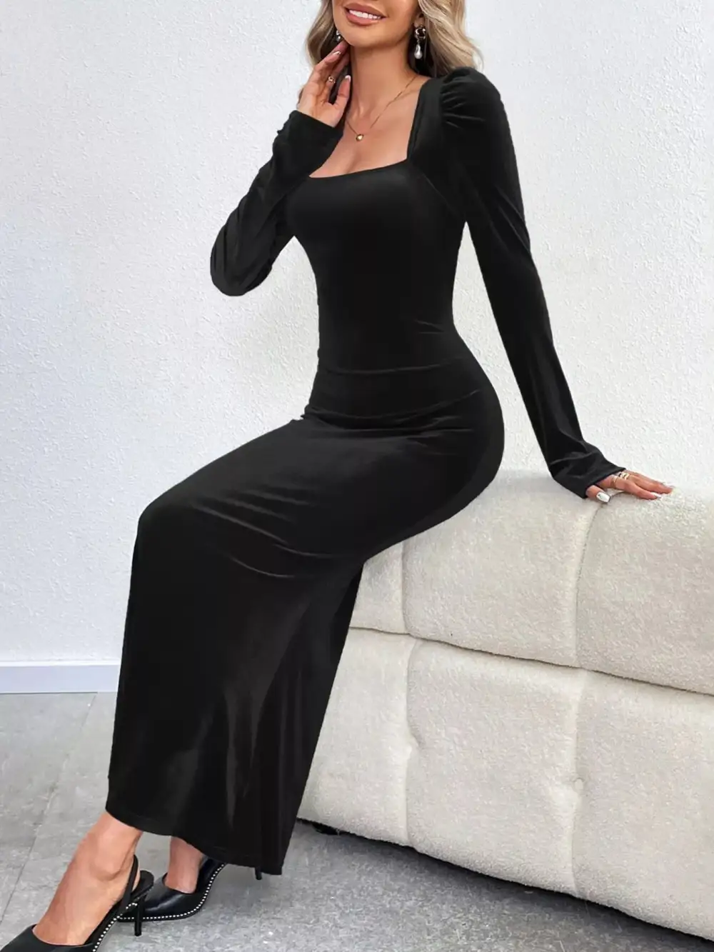 Velvet Square Neck Long Sleeve Dress Casual