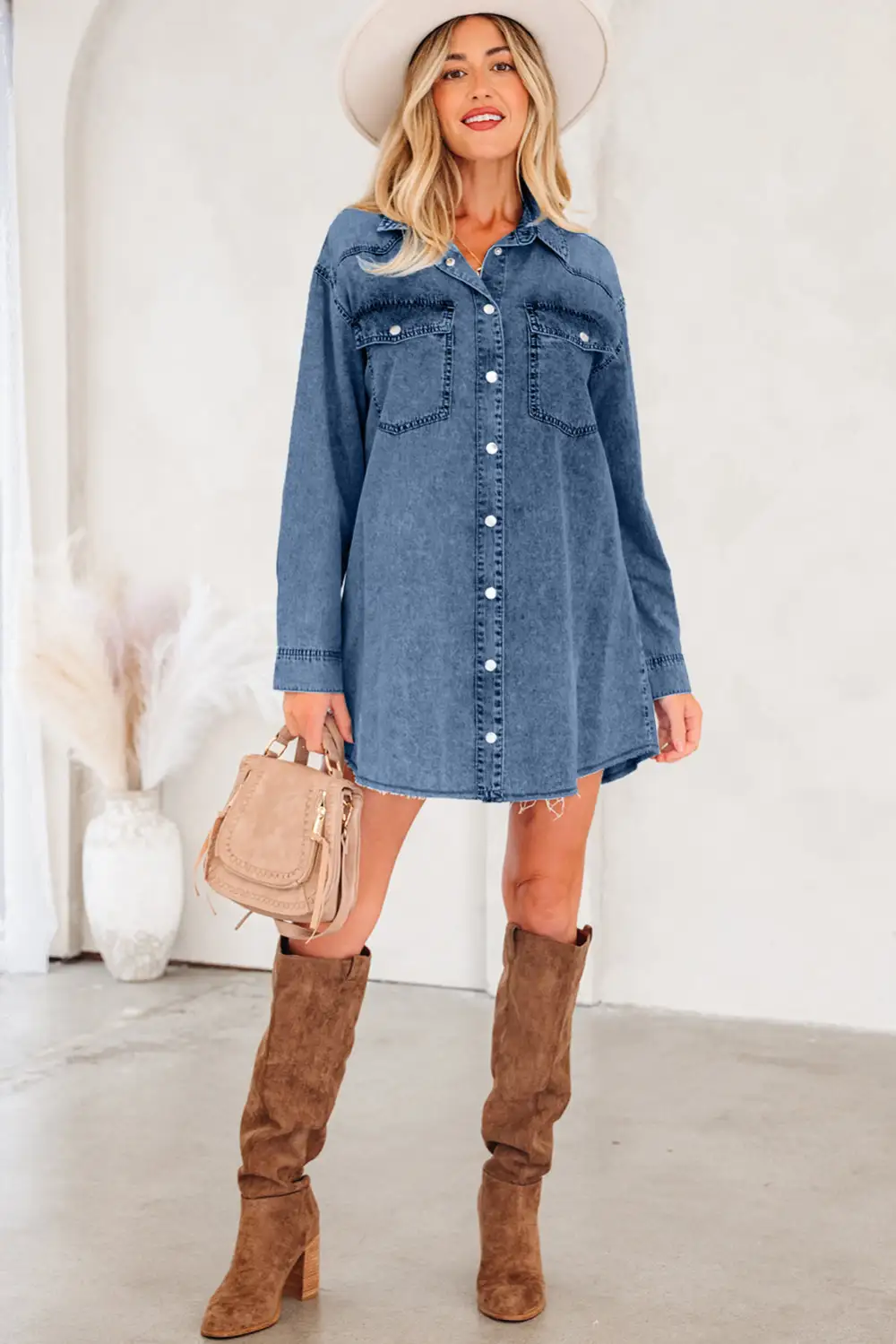 Balanced Detail Denim Pocketed Shirt Dress