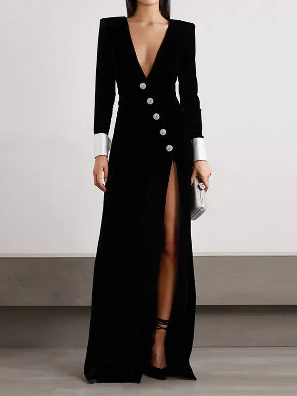 Skinny Buttoned Long Neck Maxi Dress