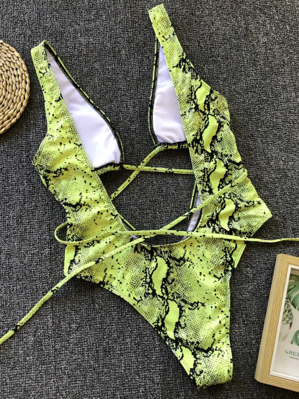 Lace Up Backless Plunge One Piece Swimsuit