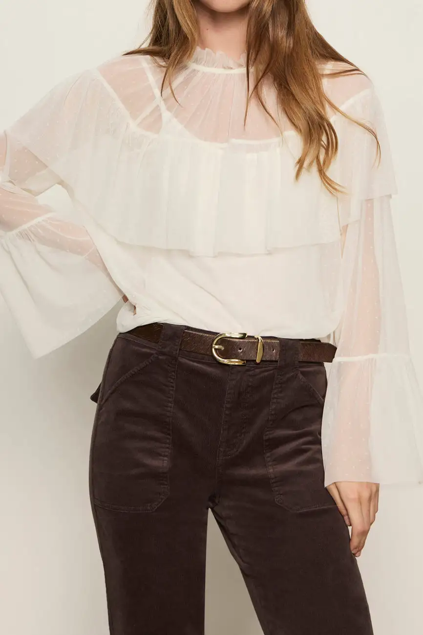 Mesh Ruffle Mixed Media Relaxed Blouse