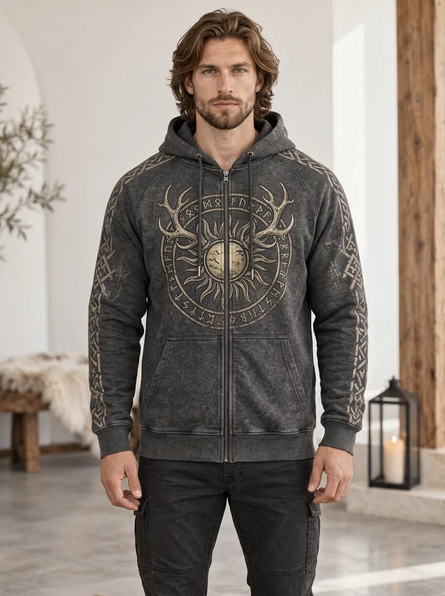 Men's Sun Antler Rune Raglan Zip-Up Hoodie