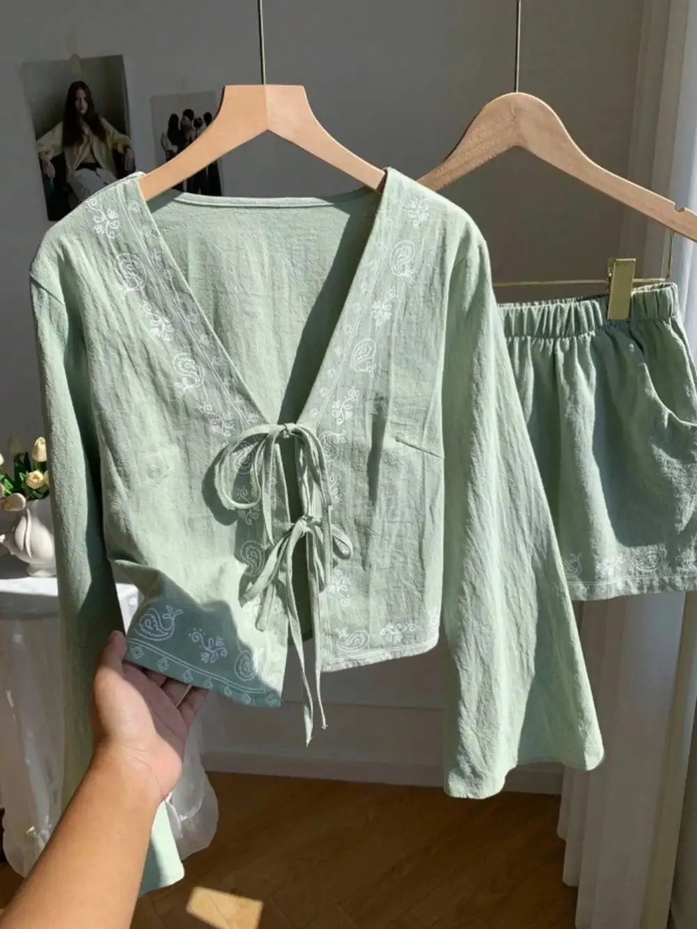 Embroidered Tie Front Top & Shorts Set