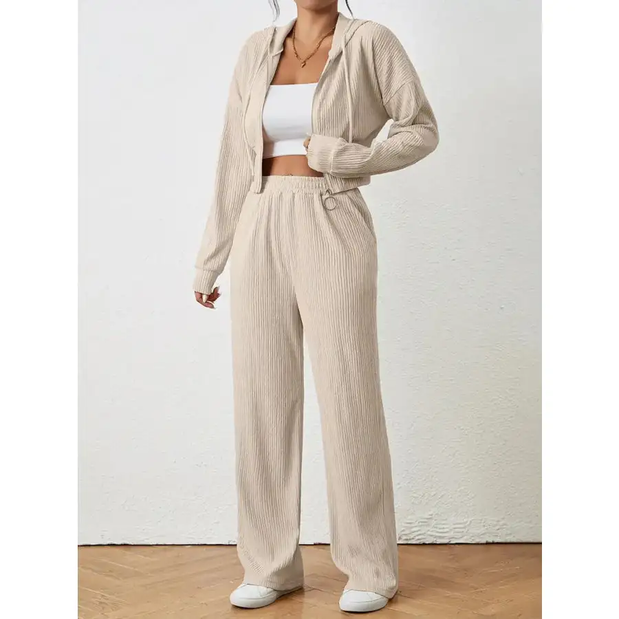 Drawstring Zip Up Hooded Top and Pants Set