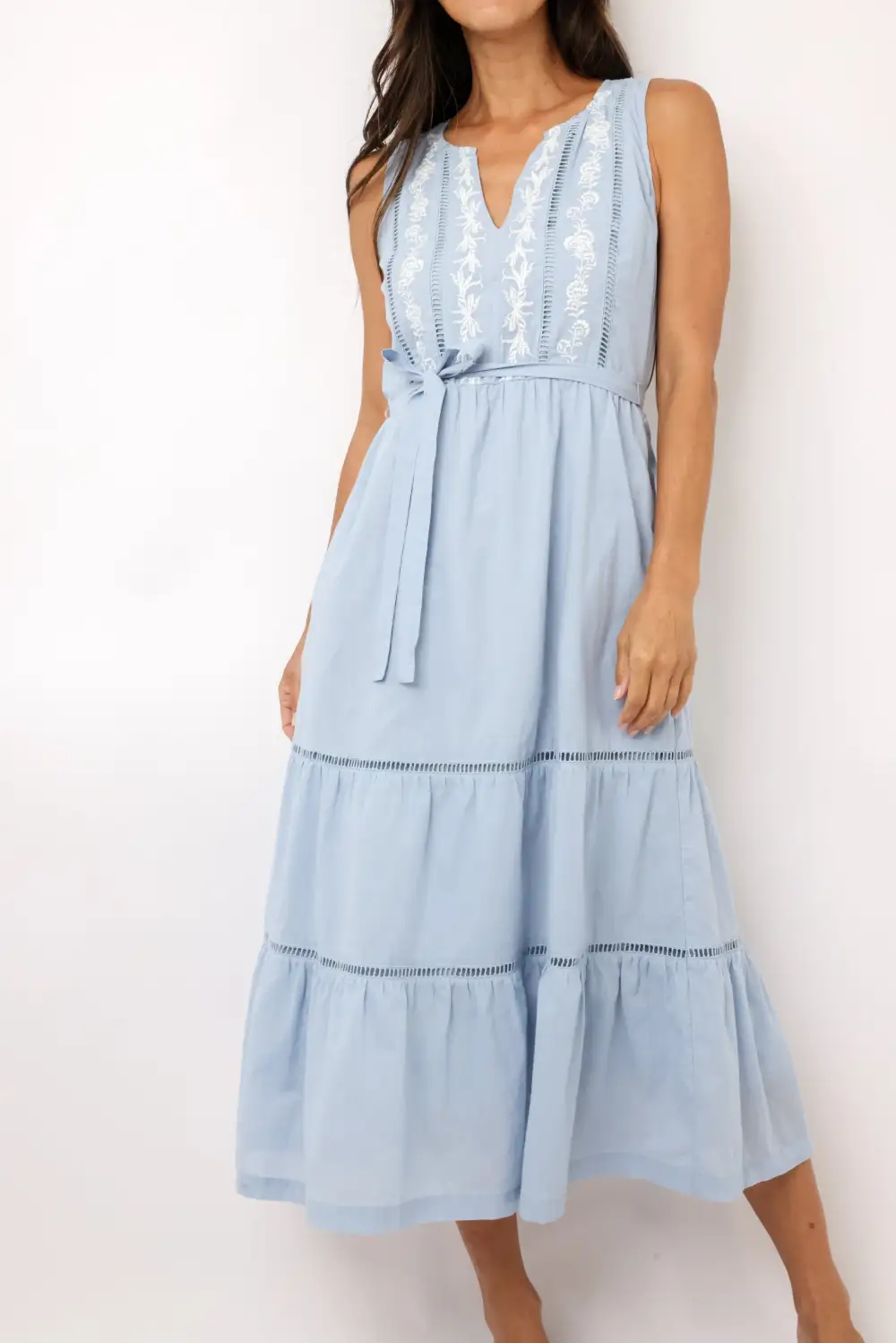 Sleeveless V Neck Embroidered Midi Dress