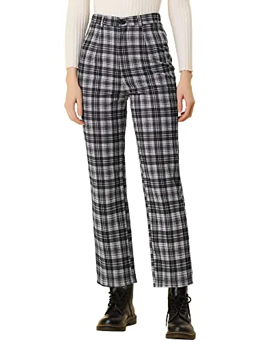 Women's Plaid Cropped Trousers Button Casual Tartan Check Work Pants