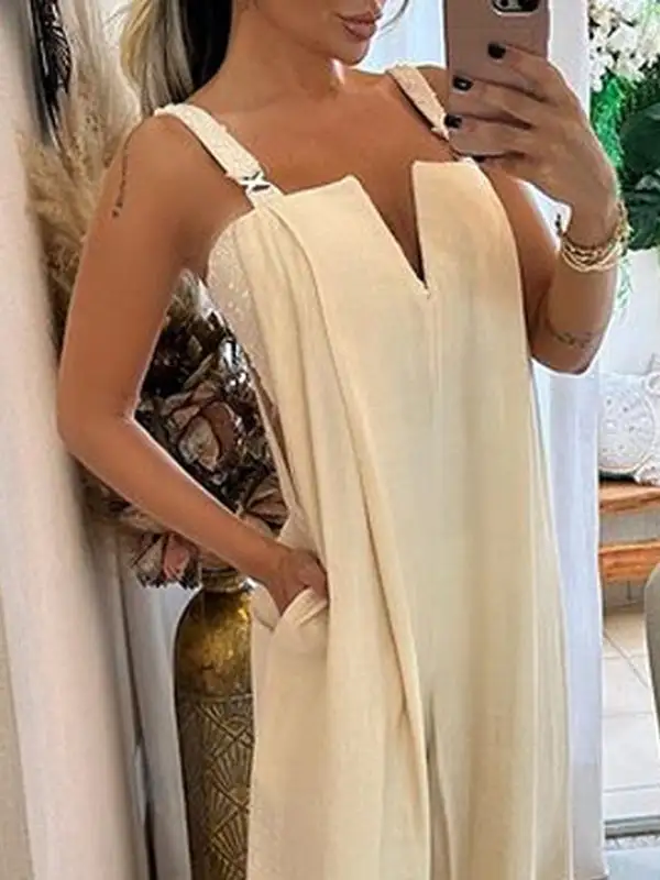 Losse Mouwloze Zakken Jumpsuits Met Split Aan De