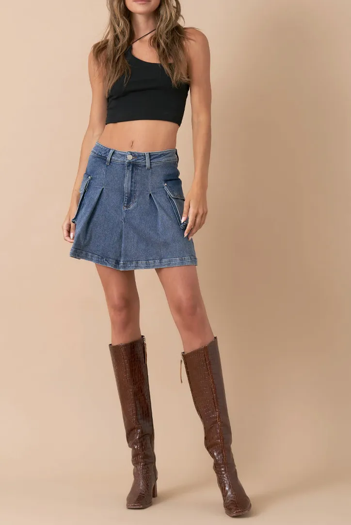 Pleated Cargo Denim Mini Skirt