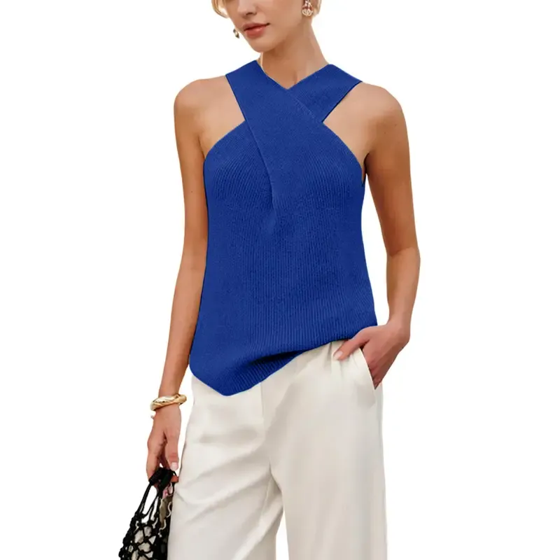 Tanming Women's Halter Cross Over Collar Tank Knit Sleeveless Camisole Top