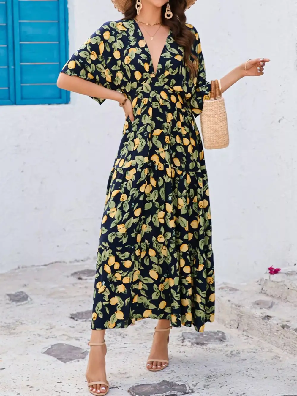 V-Neck Ruffle Hem Flowy Midi Dress