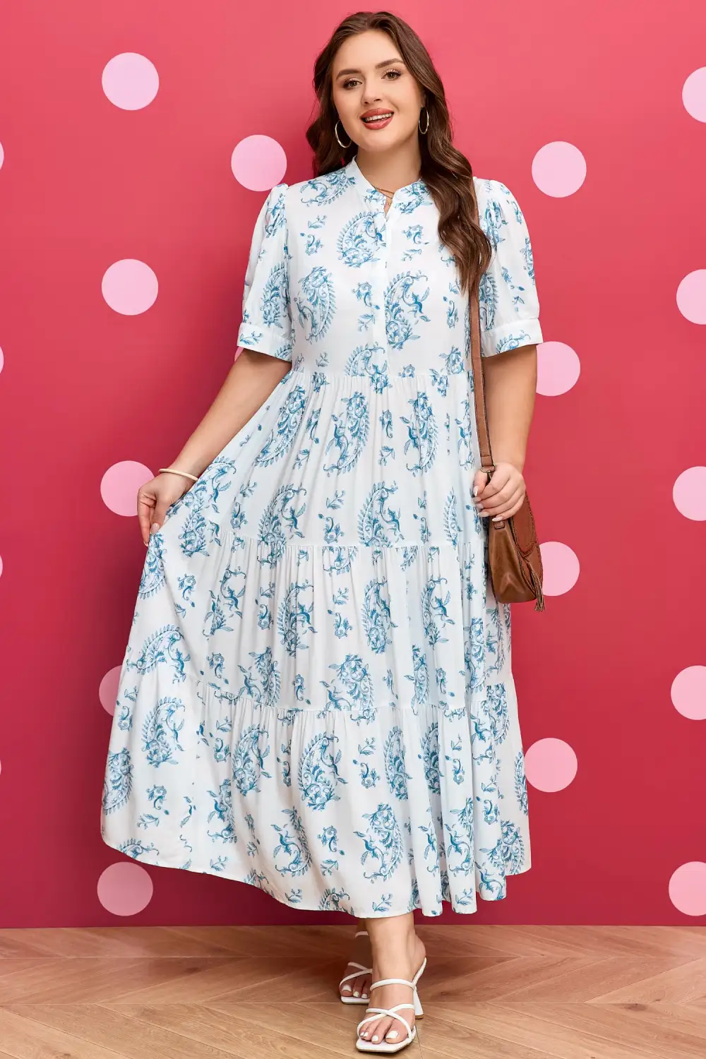 Floral Geometric Print Split Neck Maxi Dress