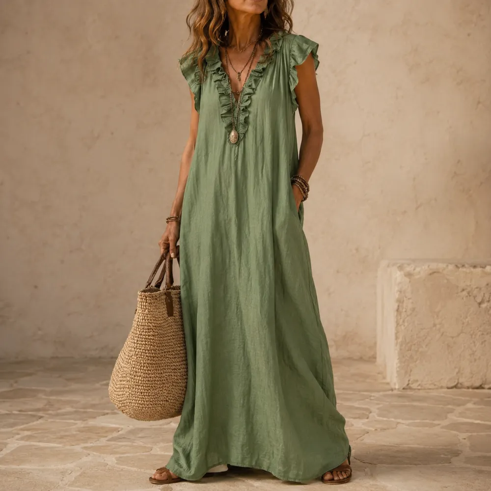 Ruffle Pocket V Midi Dress
