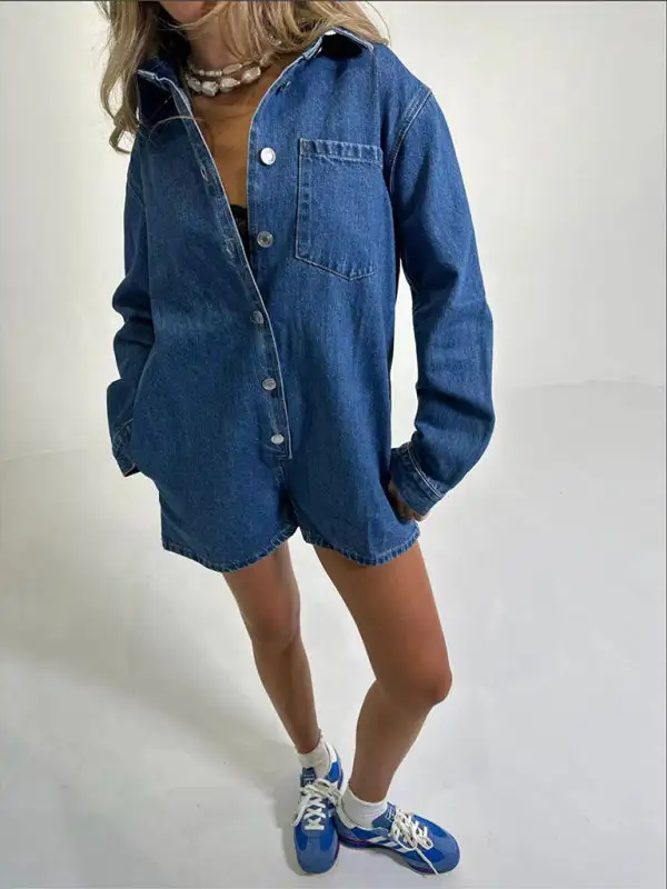 Lapel Long Sleeve Shorts Jumpsuit Denim Pants