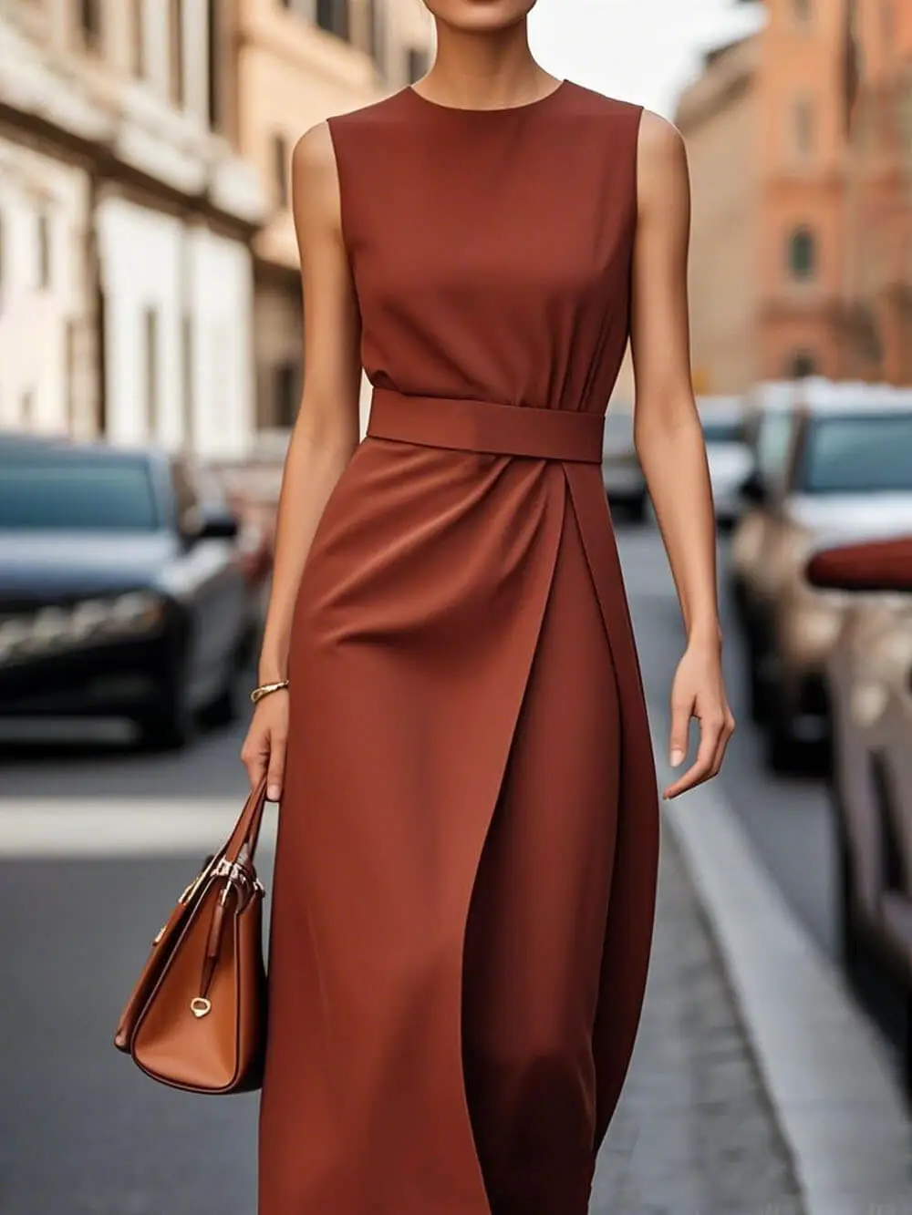 Elegant Pleats Solid Sleeveless Round Neck Midi Dress