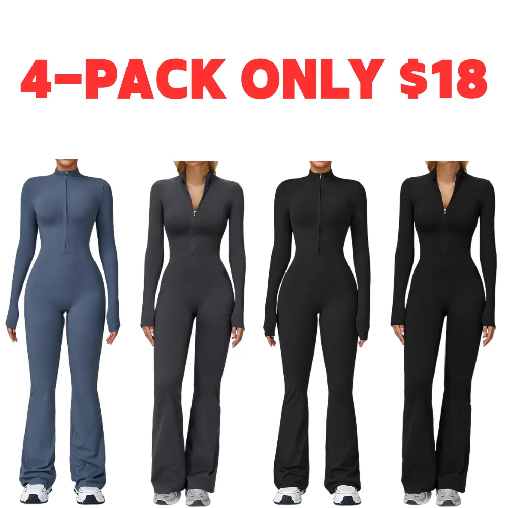 Women's Long Sleeve Flared Sports Jumpsuit - Zipper Jumpsuit, Wide Leg Bodysuit, Sexy One-Piece Yoga Jumpsuit
