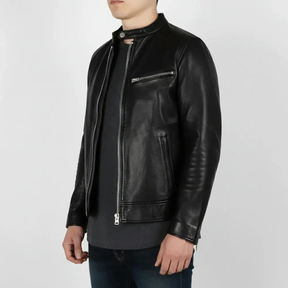 Clean Line Leather Biker Motorcycle Multi Pocket Jacket