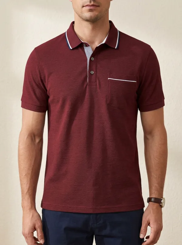 Men's Gray Contrast-Trim Pocket Polo Shirt
