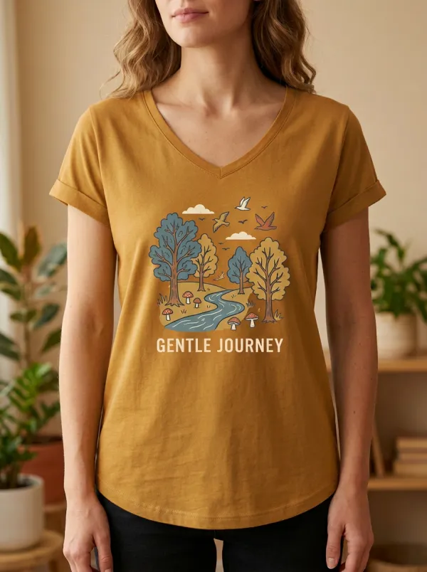 Women's Nature Forest River Mushroom Print V-Neckline Design T-Shirt