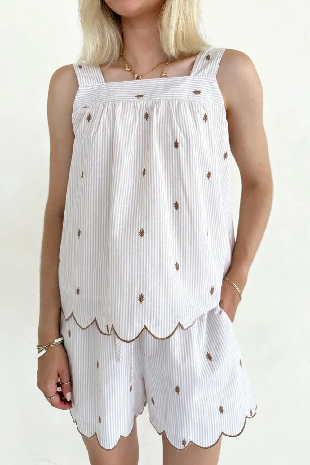 Striped Embroidered Scallop Trim Top